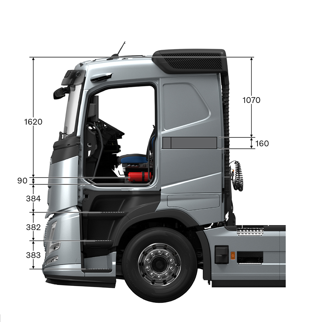 Volvo FH Aero sleeper cab with measurements, viewed from the side